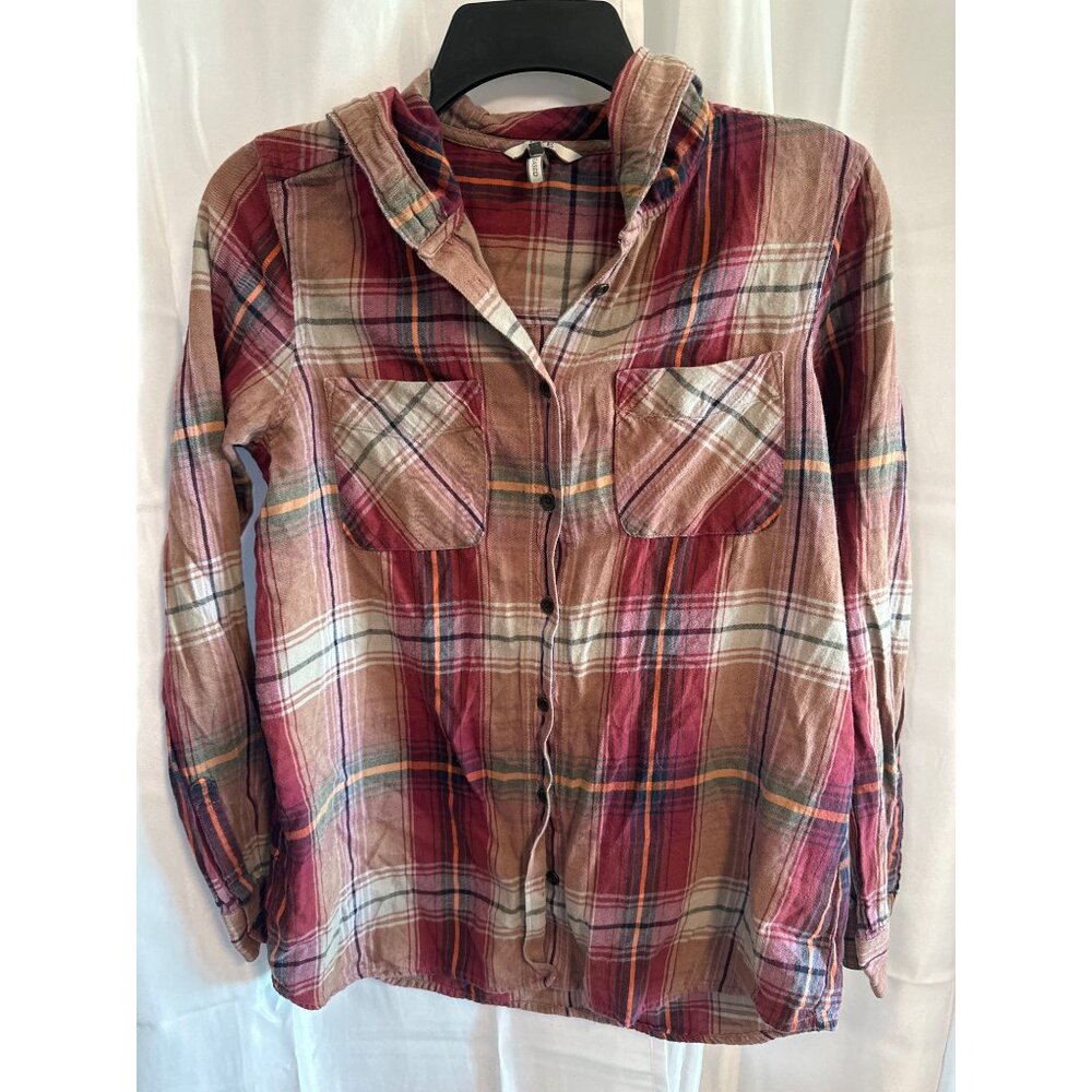 BKE Womens Plaid Button-Up Hoodie Shirt Small Red & Beige 100% Cotton